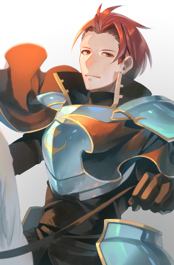 armor black_gloves breastplate cape capelet fire_emblem fire_emblem:_seima_no_kouseki gloves gradient gradient_background grey_background hatomame horseback_riding male_focus red_capelet red_eyes red_hair reins riding seth_(fire_emblem) solo upper_body