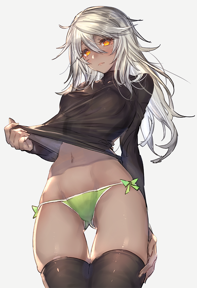 ass_visible_through_thighs black_shirt blush bottomless breasts commentary covered_nipples dark_skin frown grey_background groin guilty_gear guilty_gear_xrd long_hair navel oro_(sumakaita) panties ramlethal_valentine shirt shirt_lift side-tie_panties simple_background solo thigh_gap thighhighs turtleneck underwear white_hair yellow_eyes