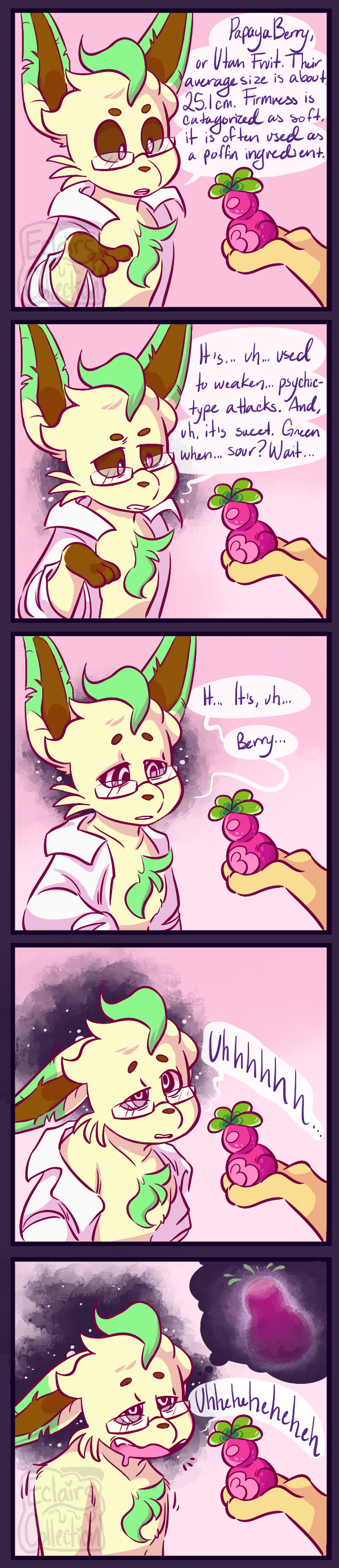 ... 2018 3_fingers ? absurd_res anthro anthrofied berry brown_sclera clothed clothing comic dialogue digital_drawing_(artwork) digital_media_(artwork) duo eclairscollection eeveelution english_text eyewear food fruit glasses hi_res hypnosis lab_coat leafeon male mammal mind_control nintendo open_mouth payapa_berry pok&eacute;mon pok&eacute;mon_(species) pok&eacute;morph sequence simple_background smile solo_focus speech_bubble spiral spiral_eyes text video_games
