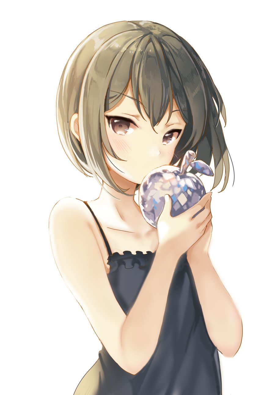 apple bare_arms bare_shoulders blush brown_eyes brown_hair camisole commentary_request food fruit hands_up highres holding looking_at_viewer original short_hair sibyl simple_background solo white_background
