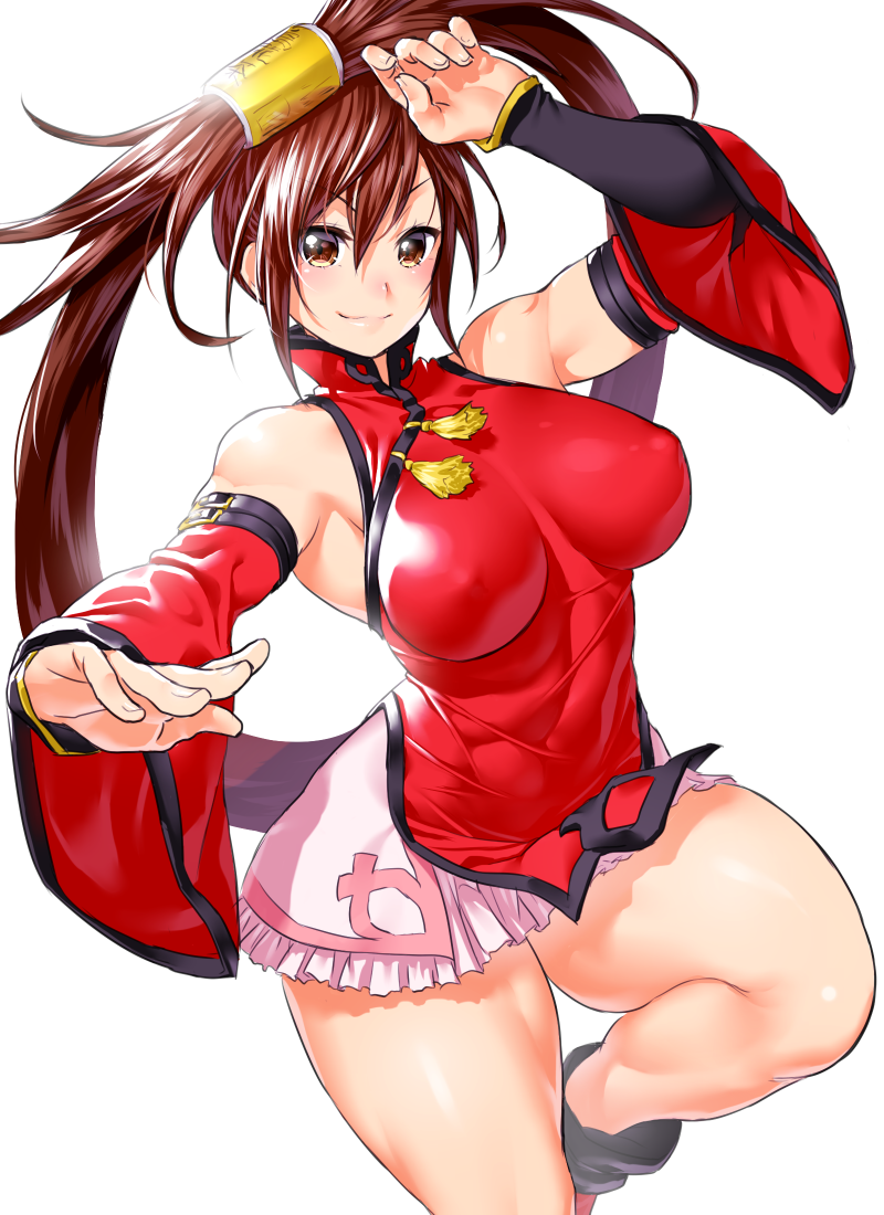 bangs bare_shoulders blush breasts brown_eyes brown_hair china_dress chinese_clothes closed_mouth commentary_request covered_nipples dress fighting_stance fingernails frills guilty_gear hair_ornament hair_tubes hands_up kuradoberi_jam large_breasts leg_up long_hair looking_at_viewer miniskirt onsoku_maru shiny shiny_hair shiny_skin sidelocks simple_background skirt sleeveless smile solo thick_thighs thighs very_long_hair wide_sleeves