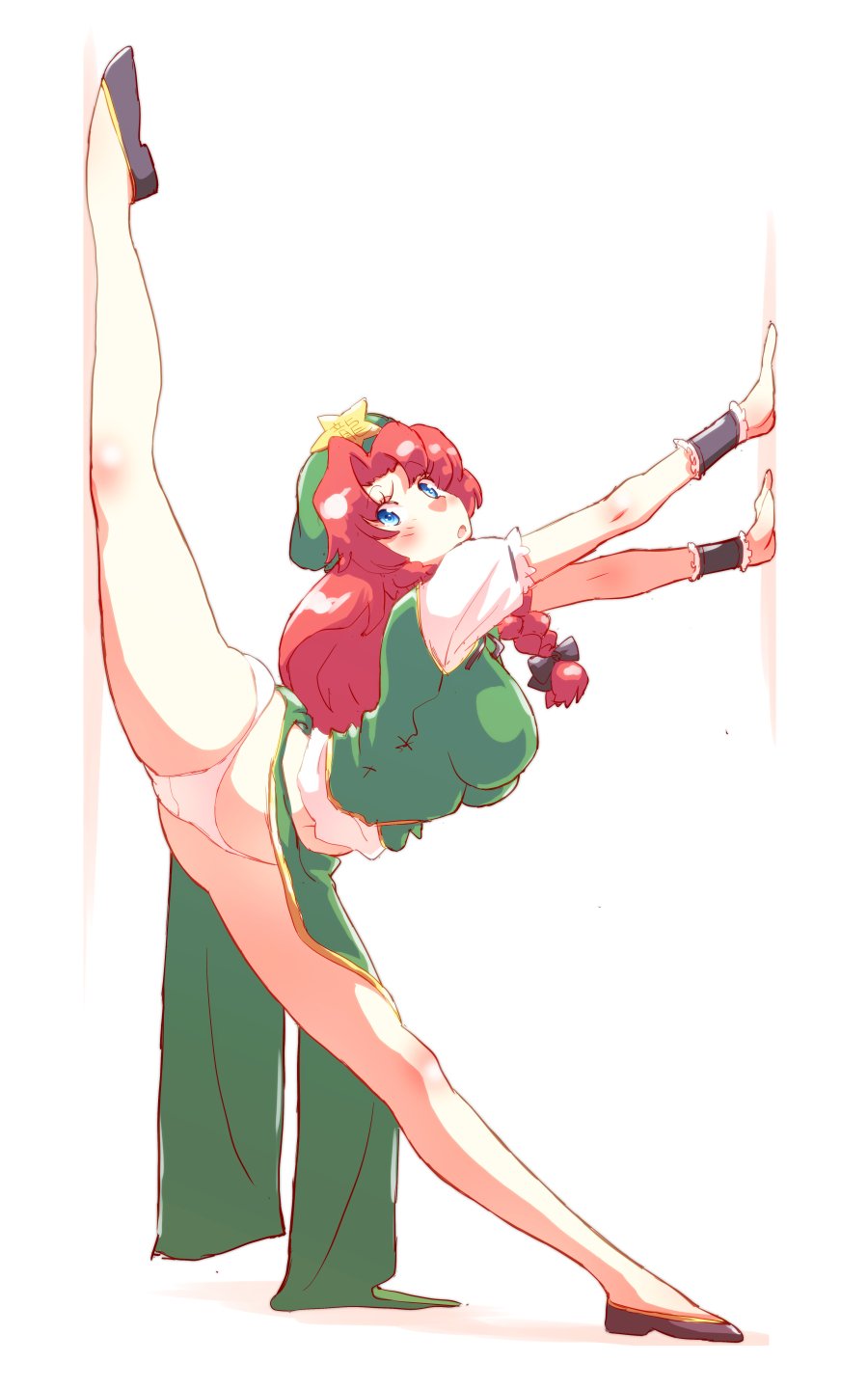:o bare_legs black_footwear blue_eyes braid breasts chinese_clothes commentary flexible frills from_side full_body green_hat green_skirt green_vest hat highres hong_meiling large_breasts leg_up long_hair long_skirt looking_at_viewer midriff no_socks non_(z-art) panties parted_lips pelvic_curtain plantar_flexion puffy_short_sleeves puffy_sleeves red_hair shirt shoes short_sleeves simple_background skindentation skirt solo split star touhou underwear upskirt vest white_background white_panties white_shirt wrist_cuffs