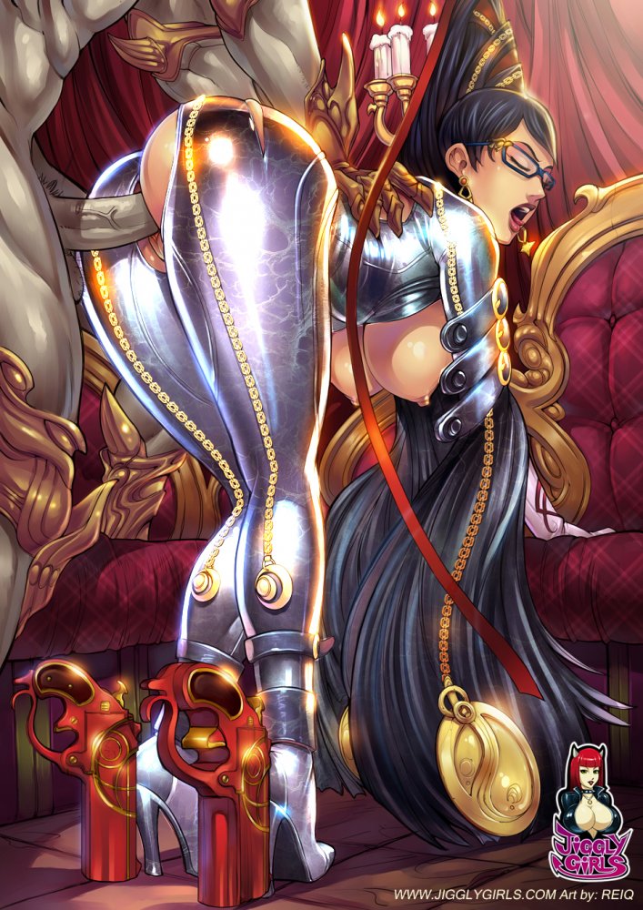 1girl bayonetta bayonetta_(character) belt black_hair bodysuit breasts candle clothed_sex copyright_name eyes_closed from_behind glasses hair_ornament high_heels jiggly_girls open_mouth penetration reiq sex torn_clothes vaginal