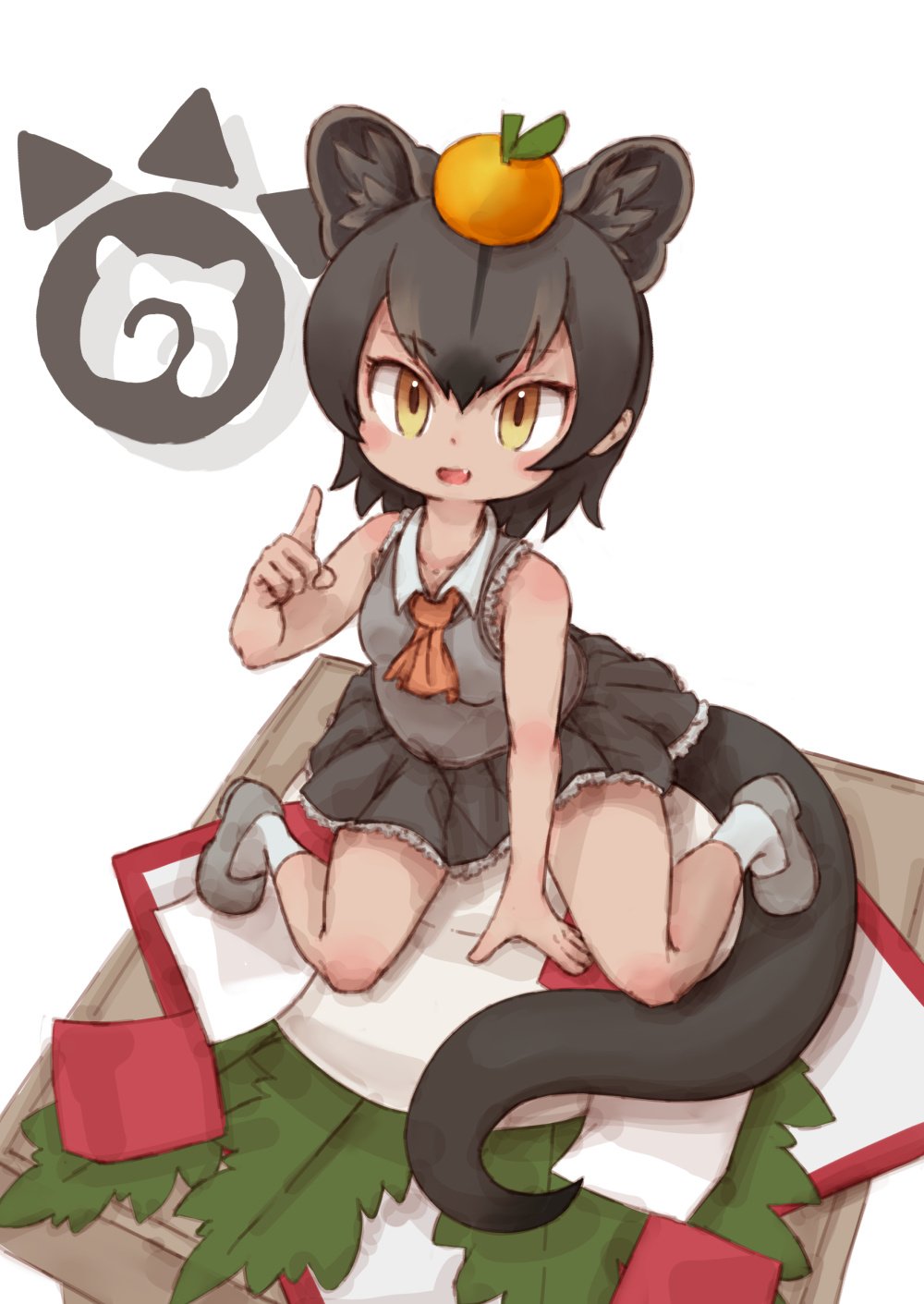 :d animal_ears ascot bangs bare_arms bare_shoulders between_legs black_hair black_skirt blush breasts collarbone collared_shirt eyelashes fang food fossa_(kemono_friends) fossa_ears fossa_tail fruit full_body grey_footwear grey_vest hair_between_eyes hand_between_legs highres index_finger_raised japari_symbol kemono_friends kolshica medium_breasts miniskirt object_on_head open_mouth orange pleated_skirt shirt shoes short_hair sitting skirt sleeveless sleeveless_shirt smile socks solo tongue tsurime vest white_background white_legwear white_shirt yellow_eyes