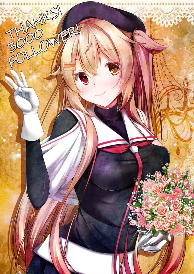 asymmetrical_clothes belt black_hat black_serafuku black_skirt blush bouquet breasts brown_eyes closed_mouth english eyebrows_visible_through_hair flower followers hair_flaps hair_ornament hairclip hat heterochromia kantai_collection light_brown_hair long_hair looking_at_viewer medium_breasts murasame_(kantai_collection) narukami_ginryuu pleated_skirt red_eyes remodel_(kantai_collection) sailor_collar school_uniform serafuku skirt smile solo two_side_up upper_body very_long_hair white_belt