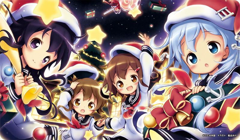 :d :o aikei_ake akatsuki_(kantai_collection) alternate_headwear anchor anchor_symbol arm_up bangs bell black_sailor_collar black_skirt blue_eyes blue_hair blush bow box brown_eyes brown_hair candy christmas christmas_ornaments christmas_tree closed_mouth commentary_request crossed_arms eyebrows_visible_through_hair food fur-trimmed_hat gift gift_box hair_between_eyes hair_ornament hairclip hat hat_removed head_tilt headwear_removed hibiki_(kantai_collection) holding_hands ikazuchi_(kantai_collection) inazuma_(kantai_collection) kantai_collection lollipop long_hair long_sleeves multiple_girls night night_sky open_mouth outdoors outstretched_arm parted_lips purple_eyes purple_hair red_bow red_hat sailor_collar santa_hat school_uniform serafuku shirt skirt sky smile star star_(sky) starry_sky swirl_lollipop very_long_hair white_shirt window