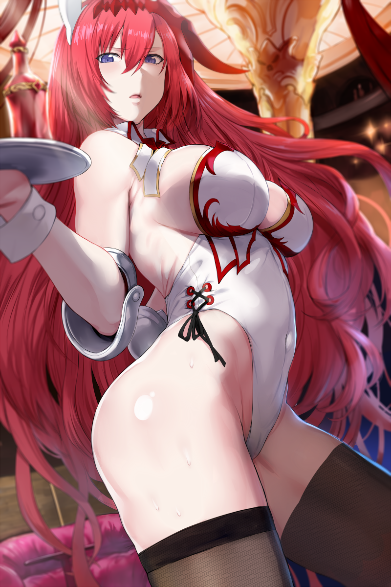 ass bangs black_legwear blue_eyes blurry breasts bunnysuit depth_of_field eyebrows_visible_through_hair from_side godguard_brodia granblue_fantasy hair_between_eyes hews_hack highleg highleg_leotard highres holding holding_tray indoors large_breasts leotard long_hair looking_at_viewer open_mouth red_hair solo thighhighs thighs tray very_long_hair wavy_hair white_leotard wrist_cuffs