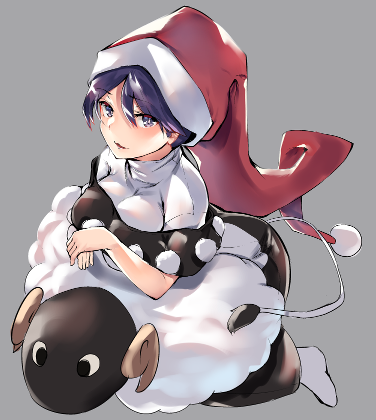 asuzemu blue_eyes blue_hair book breasts capelet doremy_sweet dress grey_background hat large_breasts long_hair looking_at_viewer multicolored multicolored_clothes multicolored_dress nightcap nightgown open_mouth pom_pom_(clothes) red_hat sheep short_hair smile stuffed_animal stuffed_sheep stuffed_toy tail tapir_tail touhou