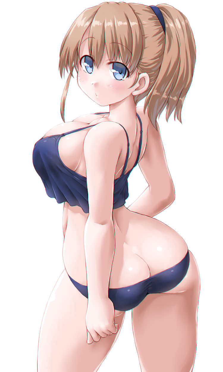 ass blue_eyes blue_panties blush breasts brown_hair cleavage dd_(ijigendd) highres intrepid_(kantai_collection) kantai_collection large_breasts looking_at_viewer panties ponytail short_hair simple_background solo underwear white_background