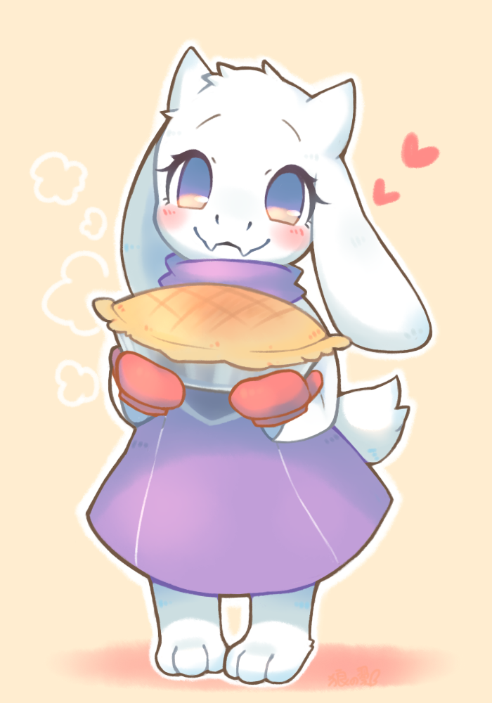 &lt;3 3_toes anthro blue_eyes boss_monster caprine clothing cute dress fangs female food fur goat horn looking_at_viewer mammal oven_mitts pie purple_dress smile solo toes toriel turtleneck undertale video_games white_fur wolfwing