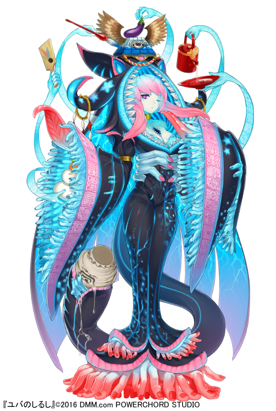 blue_skin chest_mouth commentary_request cup dress eggplant expressionless extra_arms extra_mouth fingers full_body hagoita hood iltusa kagami_mochi living_clothes monster_girl multitasking official_art one_eye_closed paddle pink_hair pouring purple_eyes sakazuki solo tail tail_mouth teeth tentacle_clothes tentacle_hair third_eye tongue tongue_out urn white_background wide_sleeves wings yuba_no_shirushi