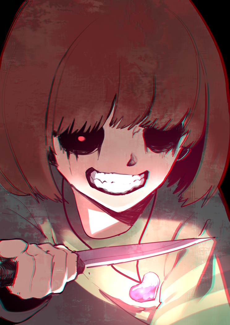 brown_hair chara_(undertale) chromatic_aberration evil_grin evil_smile glowing grin heart heart_necklace holding holding_knife knife missing_eye red_eyes smile solo striped striped_sweater sweater undertale upper_body uta_(xuyansong1996)