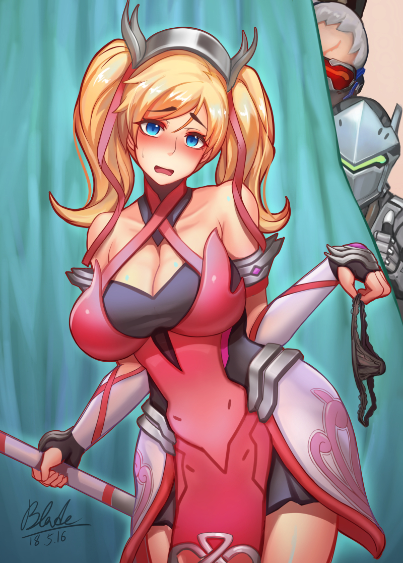 2boys black_panties blonde_hair blue_eyes blush breasts cleavage collarbone commentary curtains cyborg dated fingerless_gloves genji_(overwatch) gloves graphite_(medium) grey_hair hiding huge_breasts mercy_(overwatch) multiple_boys open_mouth overwatch panties panties_removed pink_mercy qblade signature soldier:_76_(overwatch) sweatdrop thumbs_up traditional_media twintails underwear visor