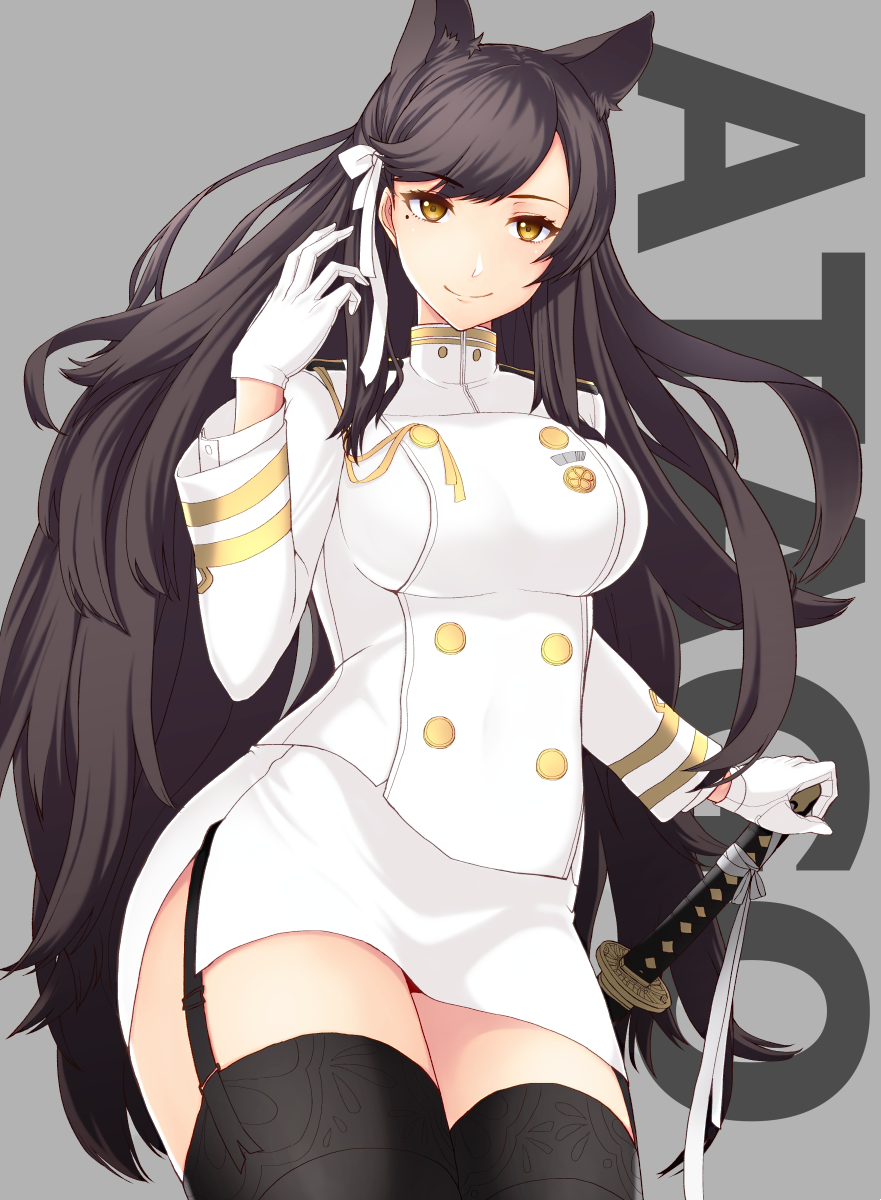 animal_ears atago_(azur_lane) azur_lane bangs black_hair black_legwear breasts character_name commentary_request eyebrows_visible_through_hair garter_straps gloves hair_ribbon hand_on_sword highres katana large_breasts long_hair military military_uniform miniskirt mole mole_under_eye nagidori pencil_skirt ribbon sheath sheathed side_slit skirt smile solo swept_bangs sword thighhighs uniform very_long_hair weapon white_gloves white_ribbon white_skirt yellow_eyes zettai_ryouiki