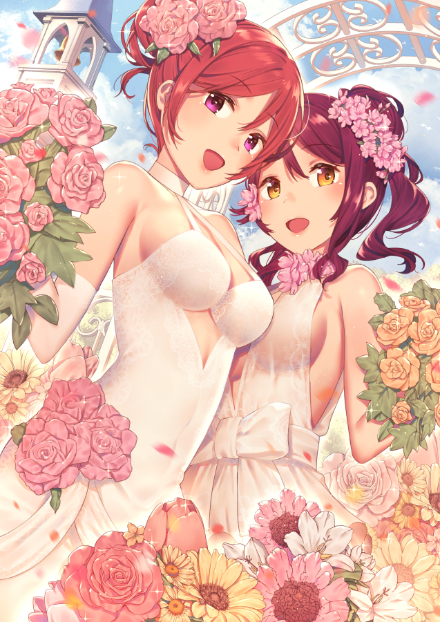 :d alternate_hairstyle arch bell_tower bouquet breasts choker commentary_request dress elbow_gloves eyebrows_visible_through_hair flower gloves hair_bun hair_flower hair_ornament hair_up halter_dress holding holding_bouquet love_live! love_live!_school_idol_project love_live!_sunshine!! medium_breasts multiple_girls nagareboshi nishikino_maki open_mouth orange_flower orange_rose outdoors petals pink_flower pink_rose purple_eyes red_hair rose sakurauchi_riko see-through side_ponytail sideboob smile sparkle wedding wedding_dress white_choker white_dress white_flower white_gloves wife_and_wife yellow_eyes yellow_flower yuri