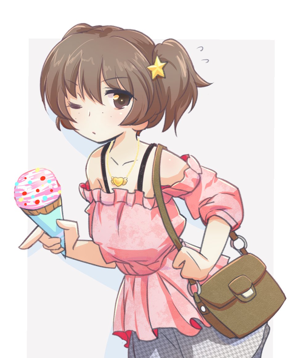 alisa_(girls_und_panzer) bag bangs brown_eyes brown_hair carrying casual closed_mouth commentary cowboy_shot eyebrows_visible_through_hair flying_sweatdrops food freckles girls_und_panzer grey_background grey_skirt hair_ornament handbag heart heart_necklace holding holding_food ice_cream_cone jewelry light_frown looking_at_viewer moro_(like_the_gale!) necklace off-shoulder_shirt outside_border pink_shirt print_skirt shirt short_hair short_twintails skirt solo standing star star_hair_ornament twintails