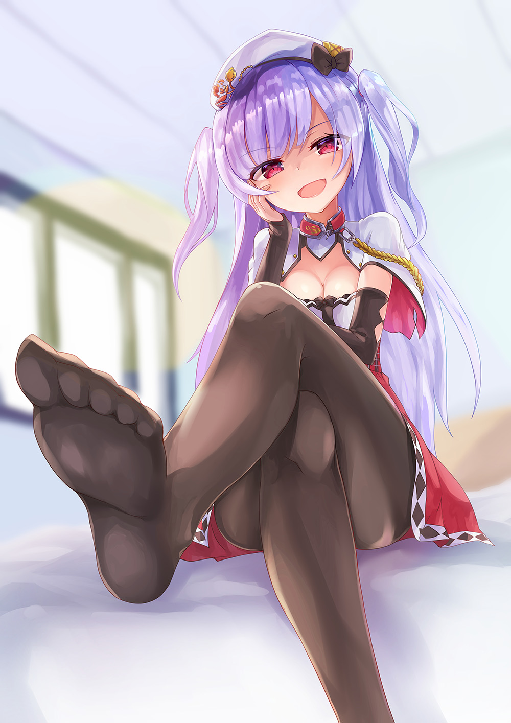 :d aiguillette ajax_(azur_lane) argyle azur_lane bangs beret black_legwear bow breasts capelet cleavage crossed_legs detached_sleeves feet full_body hand_on_own_cheek hat hat_bow head_tilt high-waist_skirt highres lavender_hair long_hair medium_breasts no_shoes open_mouth oshishio pantyhose pink_eyes pov_feet remodel_(azur_lane) skirt smile soles solo swept_bangs two_side_up