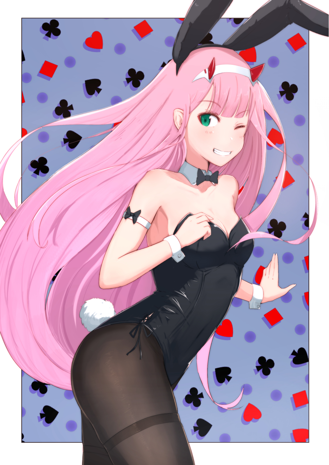 ;d alternate_costume animal_ears arm_strap bangs black_bow black_legwear black_leotard black_neckwear black_ribbon blunt_bangs bow bowtie breasts bunny_ears bunny_tail bunnysuit cleavage collarbone commentary_request darling_in_the_franxx detached_collar eyebrows_visible_through_hair fake_animal_ears fake_tail green_eyes grin hairband highres horns horns_through_headwear leaning_forward leotard long_hair looking_at_viewer medium_breasts one_eye_closed open_mouth outside_border pantyhose pink_hair revision ribbon side-tie_leotard smile solo standing straight_hair strapless strapless_leotard tail teeth thighband_pantyhose uneg very_long_hair white_hairband wrist_cuffs zero_two_(darling_in_the_franxx)