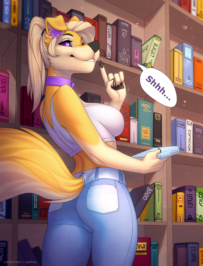 anthro blonde_hair butt_pose canine clothed clothing eyelashes female flower hair library looking_at_viewer mammal plant smile solo spefides standing