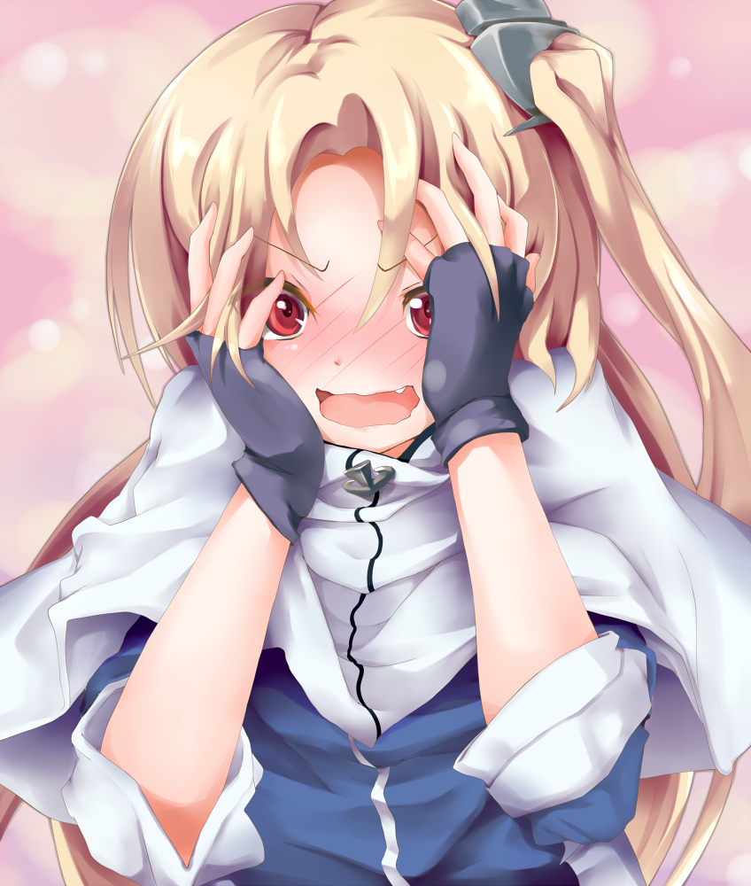 azur_lane blonde_hair blush capelet cleveland_(azur_lane) commentary_request embarrassed fingerless_gloves gloves hands_on_own_face long_hair looking_at_viewer matamataro one_side_up red_eyes solo wavy_mouth