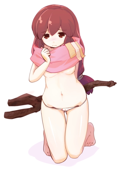 arm_behind_back barefoot blush breasts brown_eyes brown_hair clenched_hand closed_mouth commentary_request embarrassed eyebrows_visible_through_hair frown holding holding_staff kneeling log_horizon long_hair low-tied_long_hair lowleg lowleg_panties moro_(like_the_gale!) navel panties pink_scarf polka_dot polka_dot_panties scarf serara skindentation small_breasts staff thigh_gap topless underboob underwear white_panties