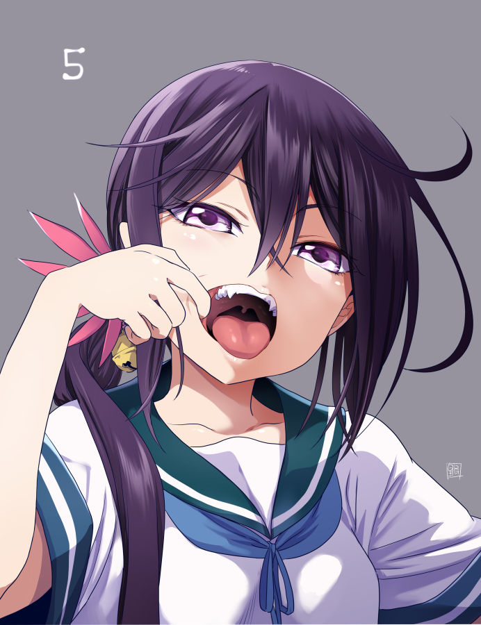5 ahoge akebono_(kantai_collection) bangs bell blush collarbone commentary_request fangs flower grey_background hair_bell hair_flower hair_ornament half-closed_eyes jingle_bell kantai_collection long_hair mouth_pull number open_mouth purple_eyes purple_hair school_uniform serafuku short_sleeves side_ponytail sidelocks simple_background sumeragi_hamao teeth tongue uvula