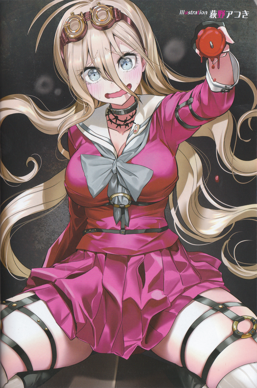 barbed_wire blonde_hair blue_eyes blush breasts candle candle_wax choker cleavage collarbone danganronpa fingerless_gloves gloves goggles goggles_on_head hair_between_eyes highres iruma_miu large_breasts long_hair long_sleeves looking_at_viewer neckerchief new_danganronpa_v3 non-web_source o-ring o-ring_top ogino_atsuki open_mouth pleated_skirt scan school_uniform seiza serafuku sitting skirt solo sweat very_long_hair wavy_mouth