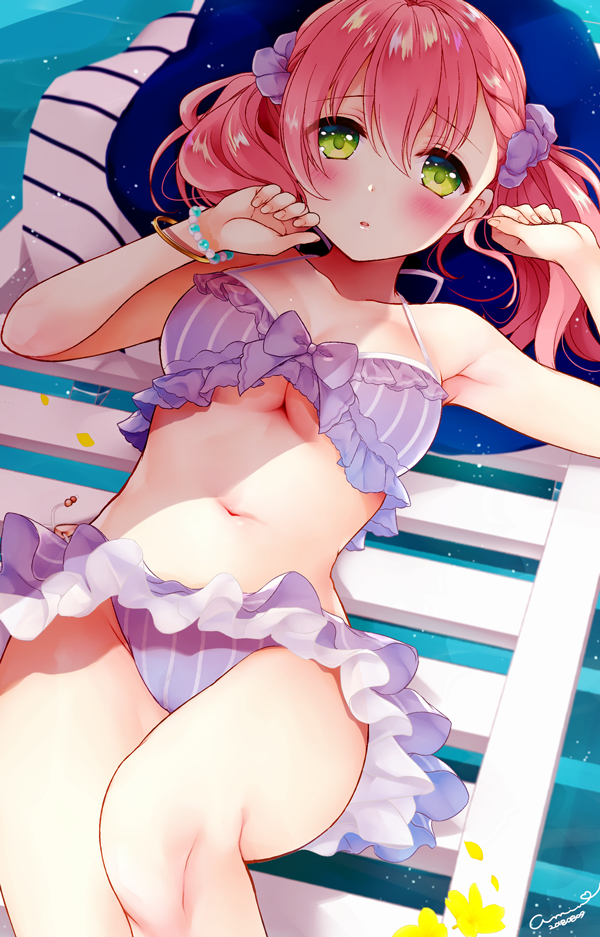 1girl amiko_(frostedchocolate) armpits atelier_(series) atelier_escha_&amp;_logy bikini blush bow bracelet breasts cleavage collarbone dated escha_malier green_eyes hair_ornament hair_scrunchie hat jewelry looking_at_viewer medium_breasts pink_hair purple_bikini purple_bow purple_scrunchie raised_eyebrows scrunchie short_hair signature solo summer swimsuit twintails underboob