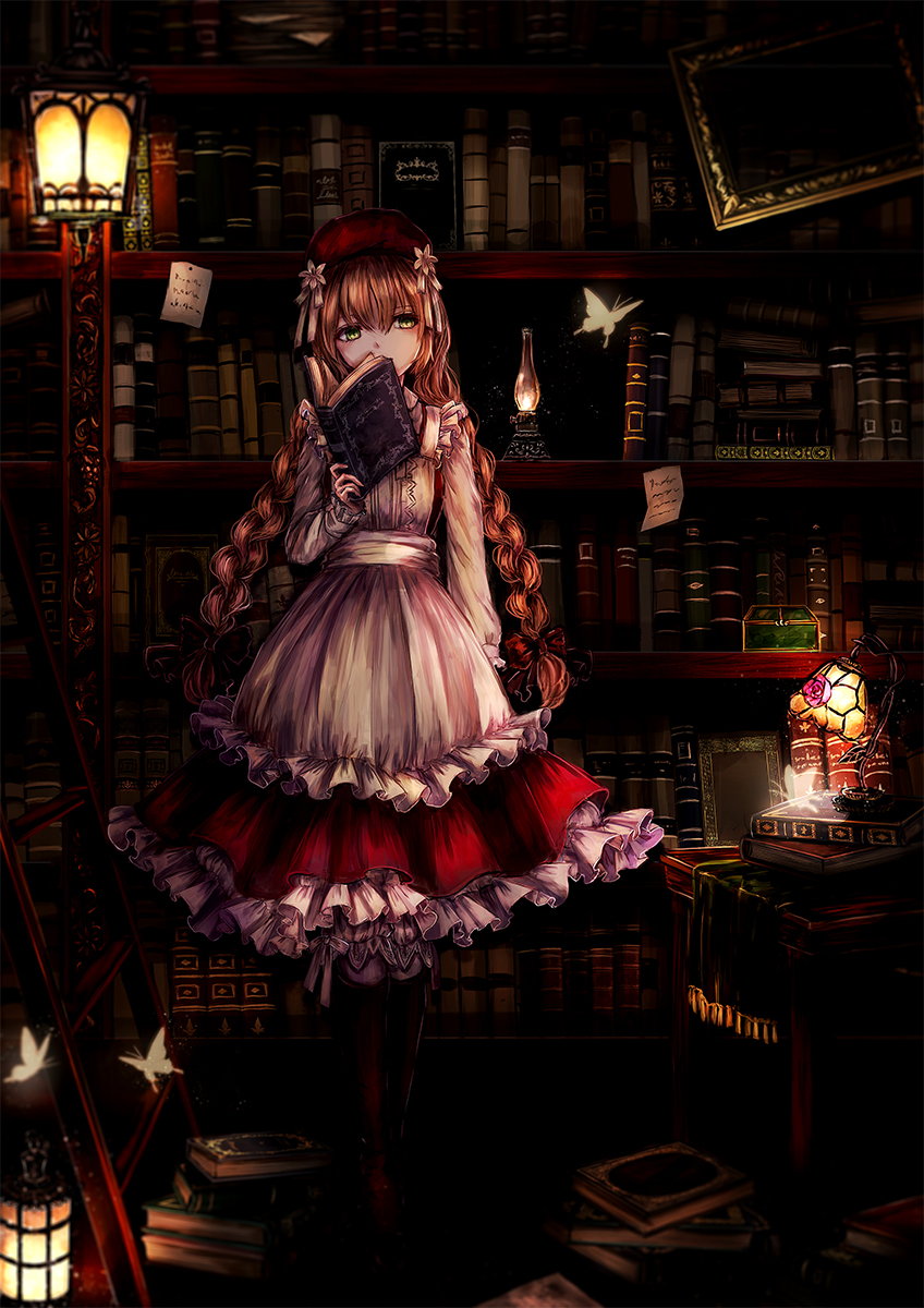 book book_stack bookshelf boots brown_hair bug butterfly covering_mouth dark dress emone04 flower hair_flower hair_ornament highres insect ladder lantern layered_dress library note open_book original picture_frame pinafore_dress red_dress solo standing table white_dress yellow_eyes