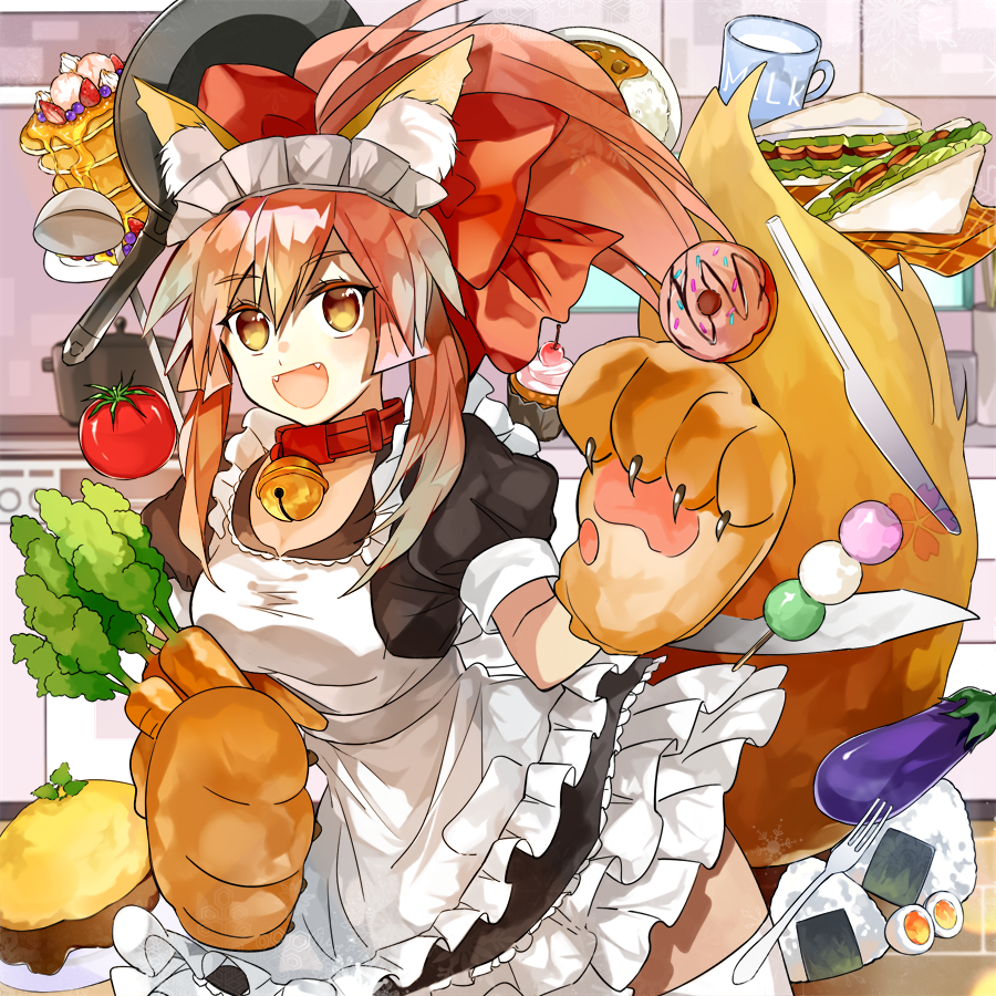 animal_ears apron bell bell_collar blush_stickers breasts carrot cat_hair_ornament cat_paws collar dango doughnut egg eggplant fangs fate/grand_order fate_(series) food fox_ears fox_tail gloves hair_ornament hair_ribbon indoors jingle_bell kitchen large_breasts long_hair maid_headdress milk omelet paw_gloves paws pink_hair ponytail red_ribbon ribbon rice solo tail tamamo_(fate)_(all) tamamo_cat_(fate) tomato wagashi yellow_eyes yubacha