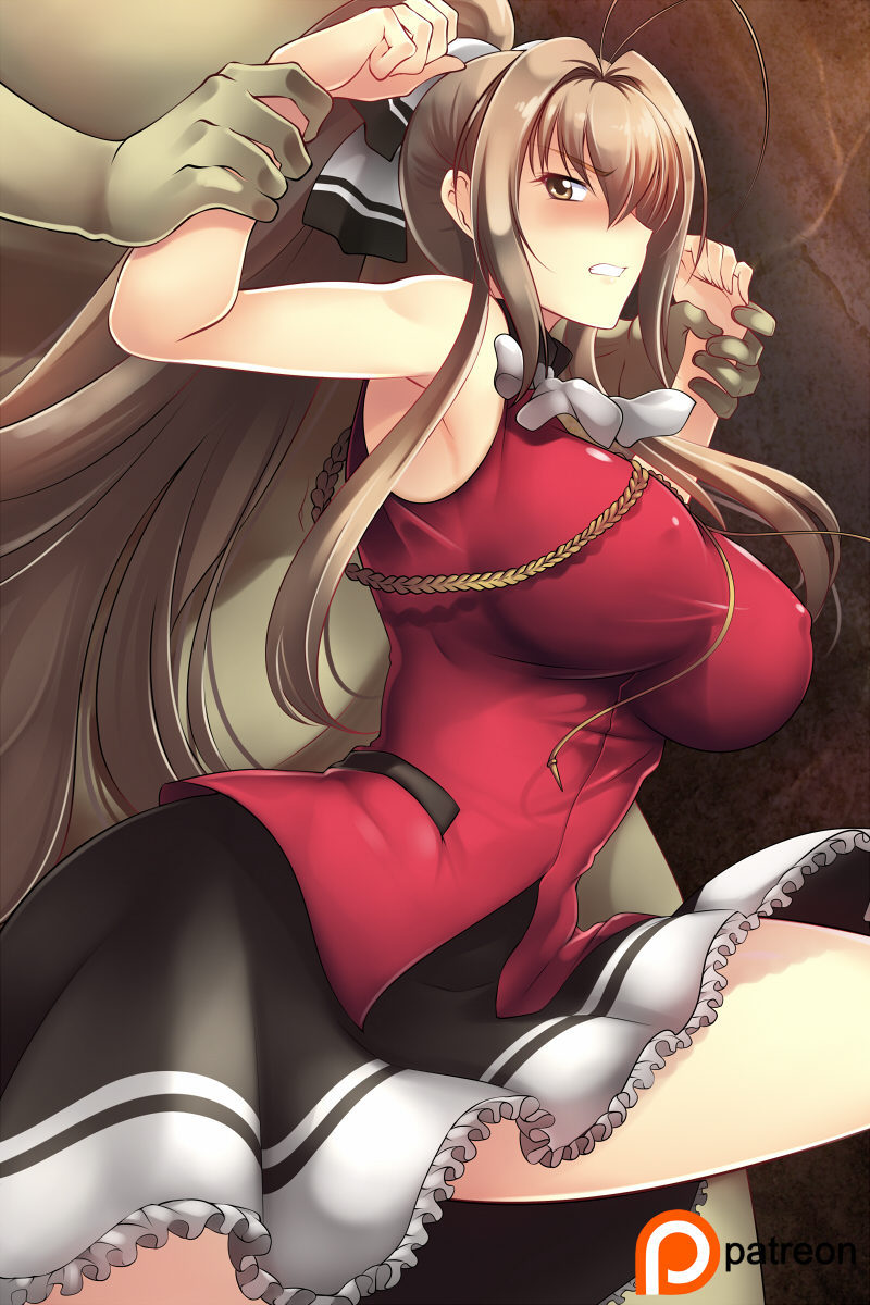 1girl aiguillette amagi_brilliant_park antenna_hair armpits arms_up bare_arms bare_shoulders bdsm black_skirt bondage bound bound_wrists bow breasts brown_eyes brown_hair covered_nipples haganef hair_bow hair_intakes highres holding_arms large_breasts legs long_hair ponytail red_shirt restrained sento_isuzu shirt skirt sleeveless sleeveless_shirt white_neckwear