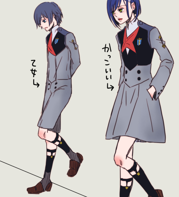 1boy 1girl arms_behind_back blue_eyes blue_hair brown_footwear couple darling_in_the_franxx green_eyes hair_ornament hairclip hand_in_pocket hetero hiro_(darling_in_the_franxx) ichigo_(darling_in_the_franxx) long_sleeves military military_uniform necktie one_leg_raised red_neckwear sakuragouti shoes short_hair socks translation_request uniform white_hairclip