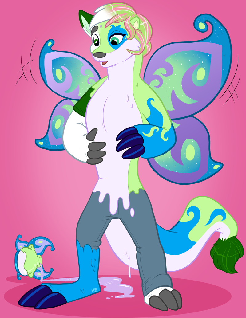 ambiguous_gender blue_fur bori clothing fairy fur green_fur hair hornbuckle lutari mammal multicolored_hair mustelid neopets potion transformation two_tone_hair wings