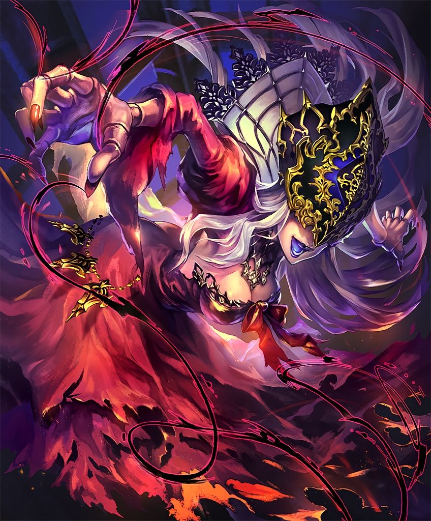 artist_request breasts covered_eyes cygames doll_joints dress fingernails gold_trim high_collar large_breasts long_hair official_art open_mouth puppet_strings ribbon shadowverse sharp_fingernails shingeki_no_bahamut torn_clothes victoria_(shadowverse) white_hair