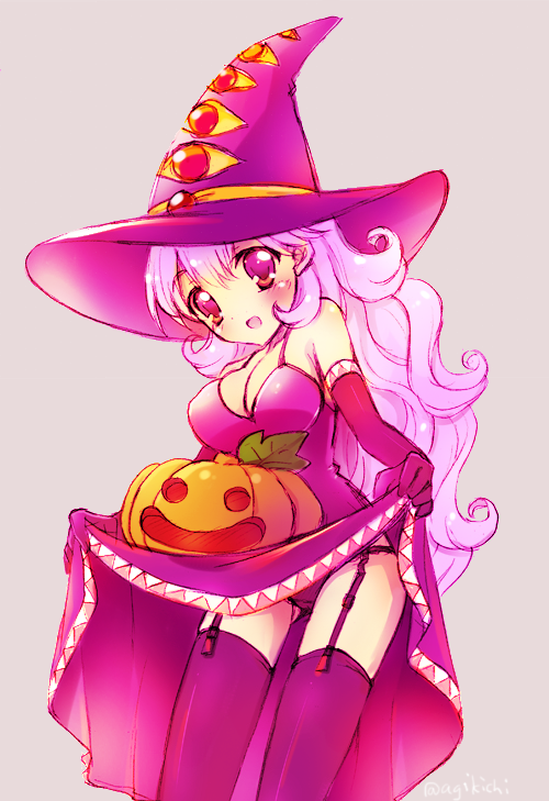 breasts cleavage commentary_request curly_hair dragon_quest dragon_quest_ii dress garter_straps halloween hat kichijou_agata large_breasts long_hair looking_at_viewer open_mouth panties princess princess_of_moonbrook purple_hair skirt skirt_lift solo underwear