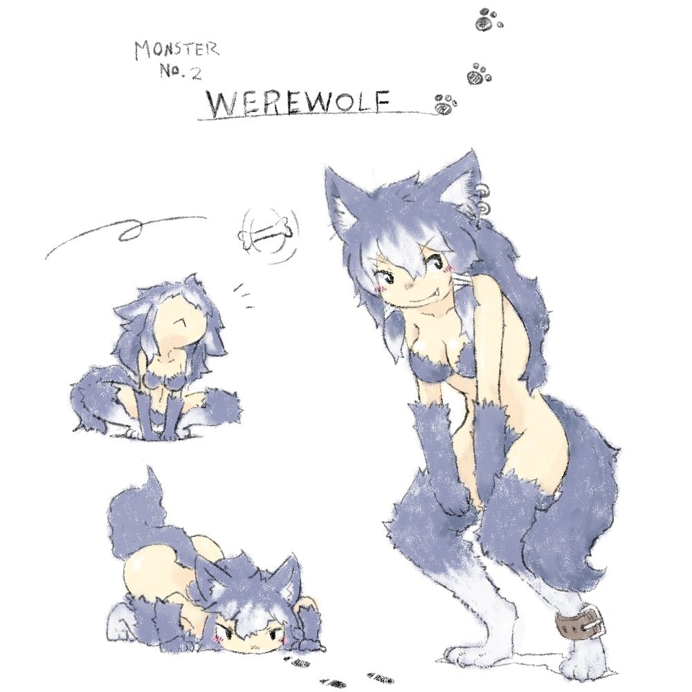1girl :&lt; animal_ears asimofu ass bone character_sheet fang monster_girl original tail werewolf wolf_ears wolf_tail
