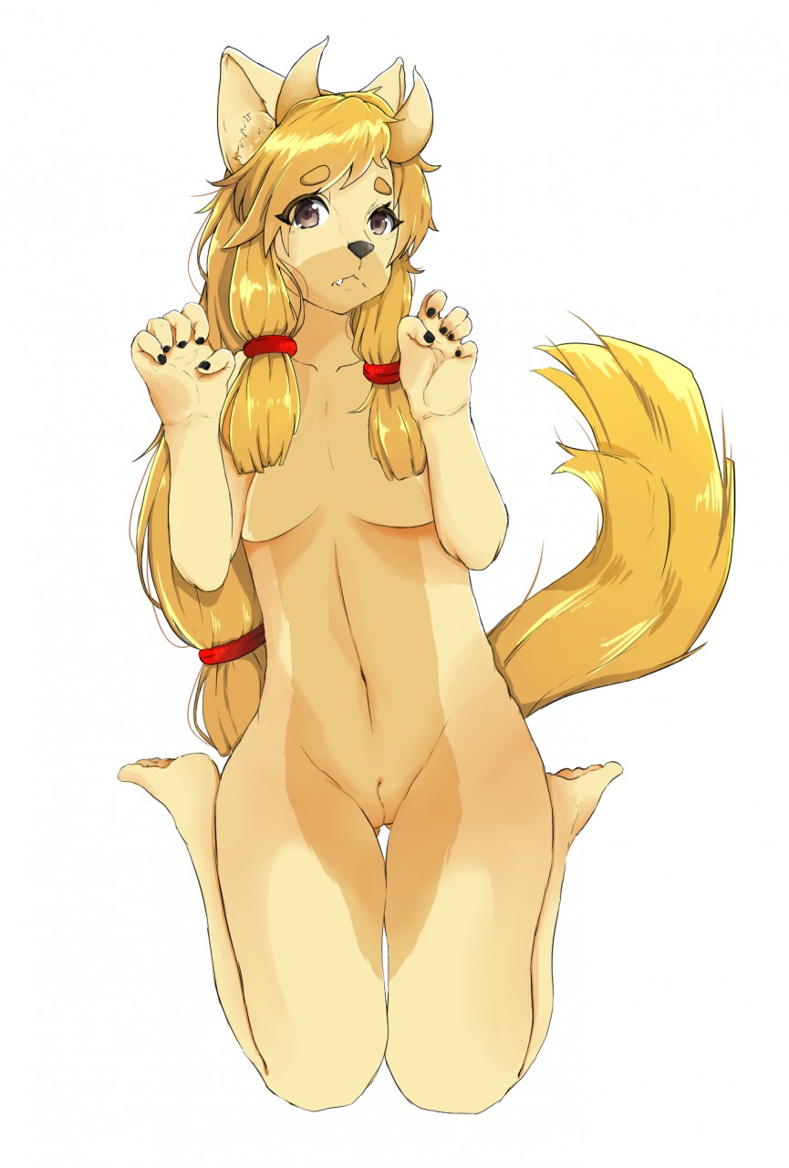 2018 amber_eyes anthro black_nose blush breasts brown_fur brown_hair butt canine claws crownprince digital_media_(artwork) dog feline female fur hair horn hybrid long_hair looking_at_viewer mammal melissa(hipcat) nude pussy simple_background smile solo