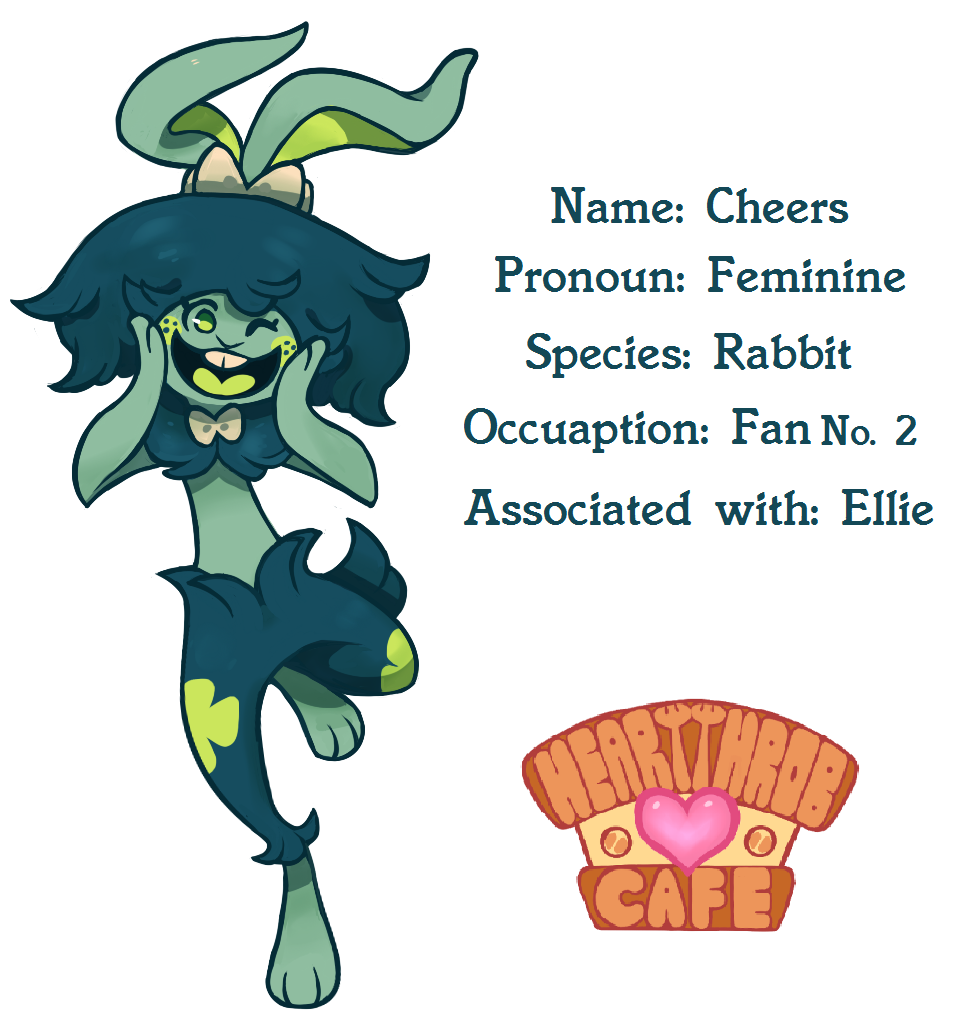 &lt;3_tongue 3_toes ambiguous_gender anthro barefoot black_fur black_hair blush bow_tie buckteeth cheers_(irootie) cute english_text freckles front_view full-length_portrait fur girly green_eyes green_fur green_skin green_tongue hair happy heartthrob_cafe irootie lagomorph long_ears looking_at_viewer mammal messy_hair midriff model_sheet multicolored_fur no_pupils no_sclera one_eye_closed one_leg_up open_mouth open_smile portrait pseudo_clothing rabbit simple_background smile solo standing teeth text toes white_background
