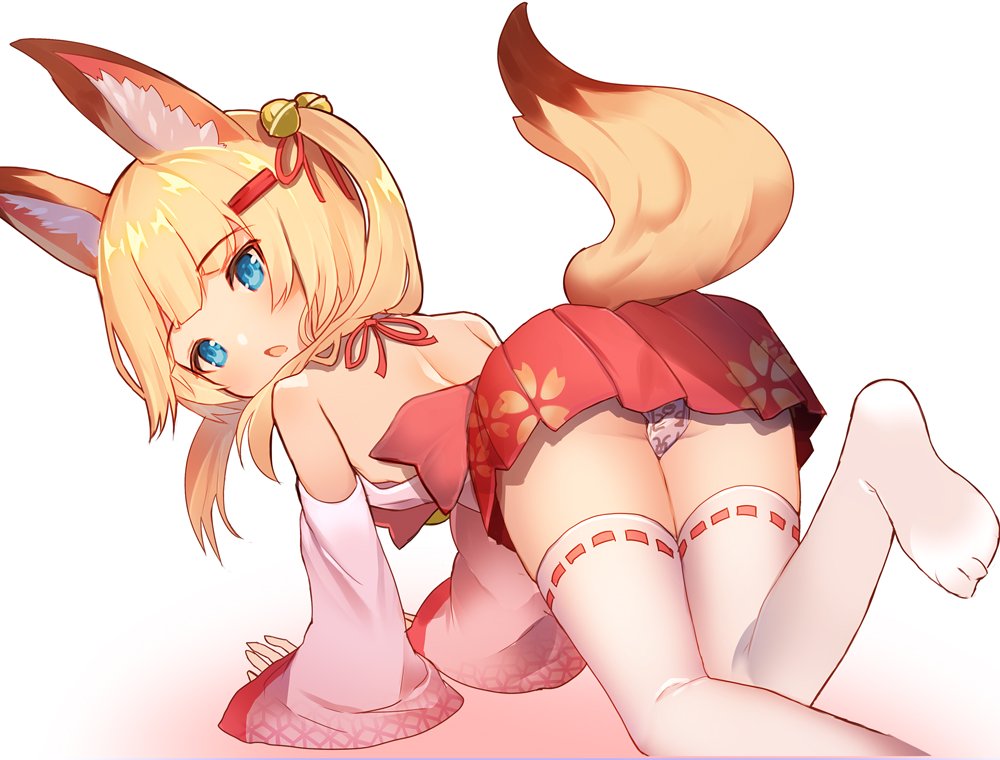 all_fours animal_ear_fluff animal_ears ass bare_back bare_shoulders bell blonde_hair blue_eyes commentary_request detached_sleeves fox_ears fox_tail from_behind hair_ornament hairclip japanese_clothes jingle_bell kemomimi_oukoku_kokuei_housou leg_lift long_hair looking_back maebari miko mikoko_(kemomimi_oukoku_kokuei_housou) miniskirt open_mouth pink_shirt red_skirt rk_(rktorinegi) shirt skirt solo tail thighhighs twintails white_legwear