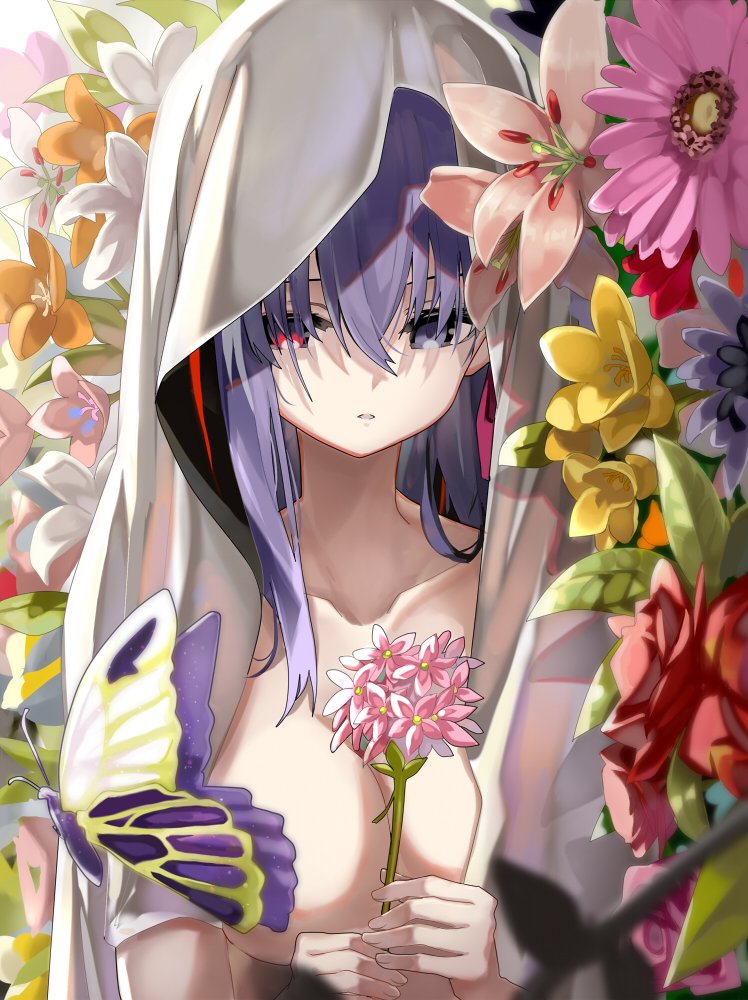 breasts bug butterfly commentary_request convenient_censoring dark_sakura fate/stay_night fate_(series) floral_background flower hair_over_eyes heaven's_feel heterochromia hood insect large_breasts long_hair matou_sakura nude pale_skin purple_eyes purple_hair shino_(eefy) solo
