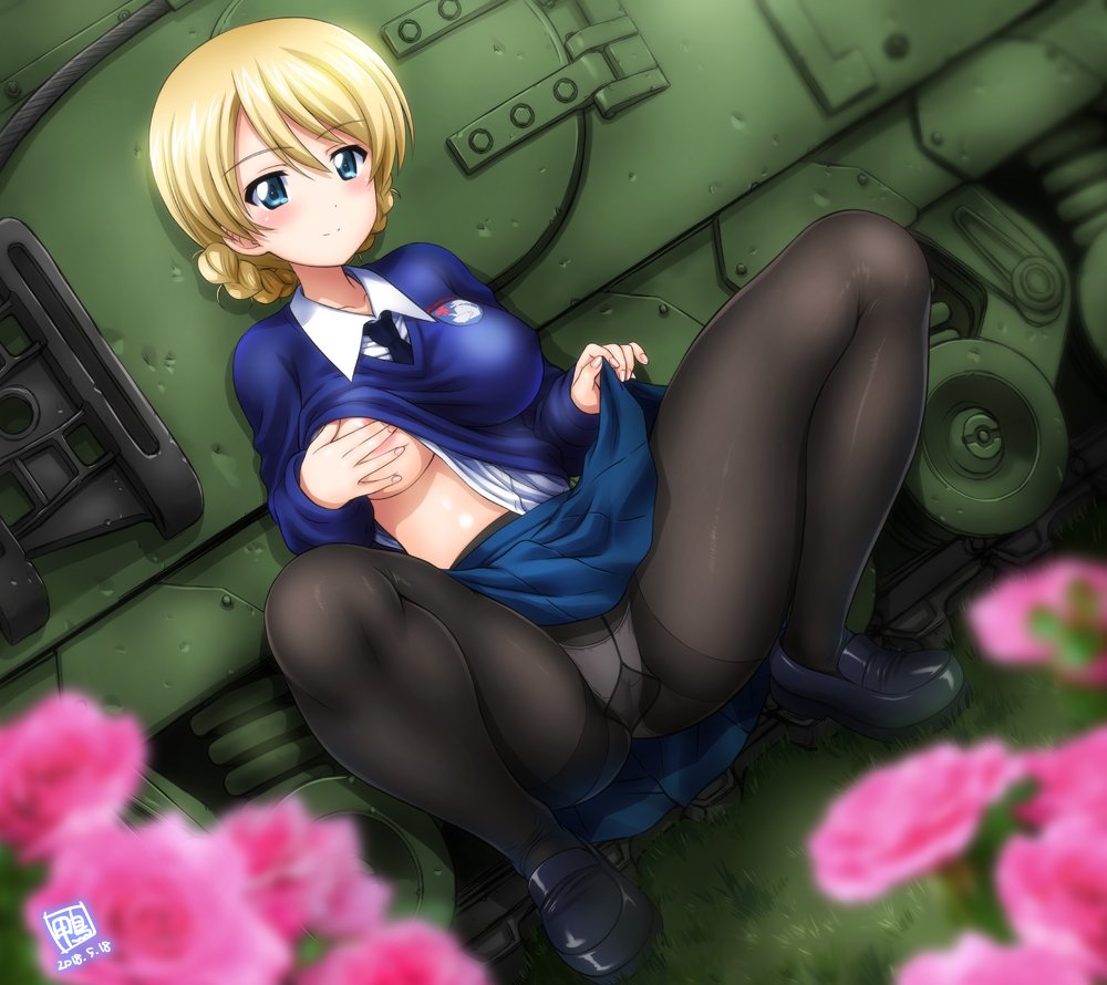 areolae bangs black_legwear blonde_hair blue_eyes blue_skirt blue_sweater blush braid breasts cameltoe churchill_(tank) clothes_lift collarbone collared_shirt covered_nipples covering covering_breasts darjeeling dated dress_shirt emblem eyebrows_visible_through_hair flower french_braid girls_und_panzer grass ground_vehicle gusset hair_between_eyes kamogawa_tanuki large_breasts legs loafers long_sleeves looking_at_viewer military military_vehicle motor_vehicle necktie no_bra one_breast_out panties panties_under_pantyhose pantyhose pleated_skirt shiny shiny_clothes shirt shirt_lift shoes short_hair signature skirt skirt_lift smile solo spread_legs squatting st._gloriana's_(emblem) st._gloriana's_school_uniform sweater sweater_lift swept_bangs tank thighband_pantyhose thighs underwear white_shirt