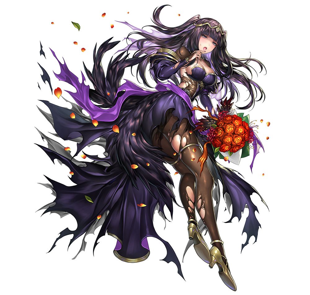 alternate_costume ass black_hair bouquet breasts cleavage detached_sleeves dress fire_emblem fire_emblem:_kakusei fire_emblem_heroes flower high_heels long_hair official_art pantyhose senchat shawl simple_background solo tharja tiara torn_clothes torn_legwear