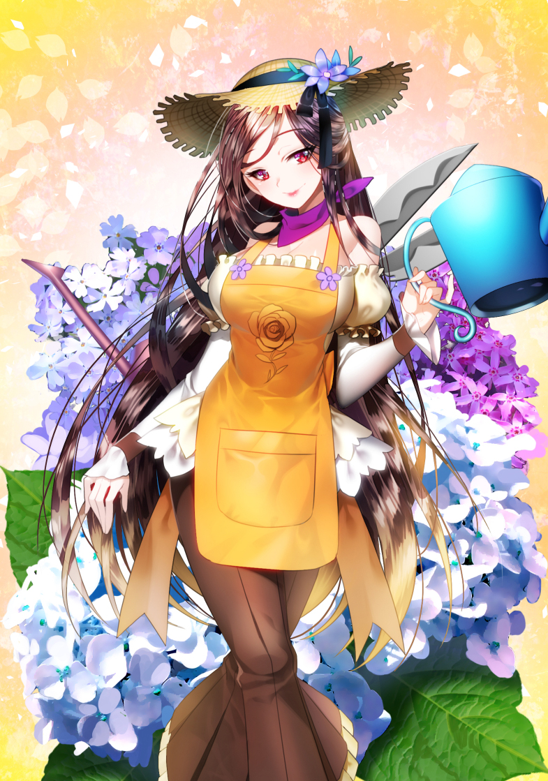 aile_(crossroads) apron bad_id bad_pixiv_id bangs brown_apron brown_hair brown_skirt closed_mouth copyright_request detached_sleeves eyebrows_visible_through_hair feet_out_of_frame fingernails flower gradient_hair hat head_tilt holding holding_watering_can light_brown_hair long_hair long_sleeves looking_at_viewer multicolored_hair official_art pinky_out pleated_skirt puffy_short_sleeves puffy_sleeves purple_flower red_eyes shears shirt short_over_long_sleeves short_sleeves skirt sleeves_past_wrists smile solo standing straw_hat very_long_hair watering_can white_flower white_shirt