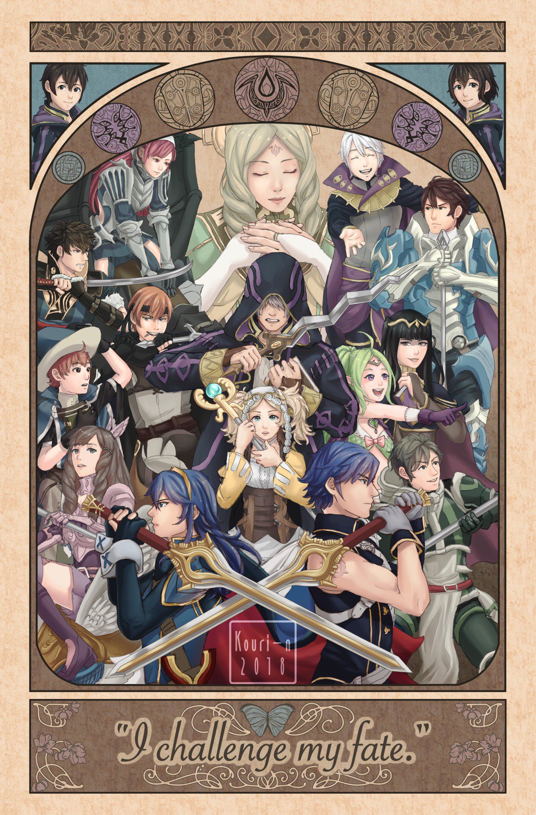 blue_hair brown_hair cape closed_eyes falchion_(fire_emblem) fire_emblem fire_emblem:_kakusei fire_emblem:_monshou_no_nazo frederik gaia_(fire_emblem) green_eyes henry_(fire_emblem) highres hood kouri-n krom liz_(fire_emblem) long_hair looking_at_viewer lucina male_my_unit_(fire_emblem:_kakusei) mamkute mark_(female)_(fire_emblem) mark_(fire_emblem) mark_(male)_(fire_emblem) multiple_boys my_unit_(fire_emblem:_kakusei) nono_(fire_emblem) open_mouth red_eyes ronku serge_(fire_emblem) short_hair smile sumia tharja white_hair