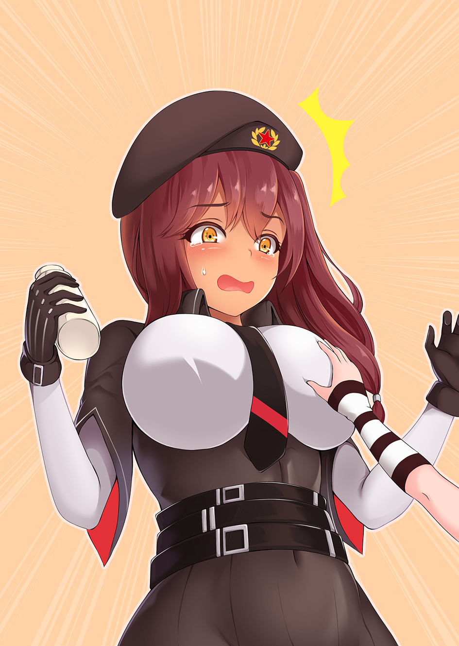 1girl bangs belt belt_buckle beret black_gloves black_neckwear bloody0rabby blush bottle breast_grab breasts brown_hat buckle buttons collared_jacket commentary eyebrows_visible_through_hair girls_frontline gloves grabbing hair_between_eyes hat highres holding holding_bottle large_breasts long_hair military military_uniform milk multiple_belts necktie out_of_frame purple_hair saiga-12_(girls_frontline) surprised tears tied_hair underbust uniform upper_body yellow_eyes
