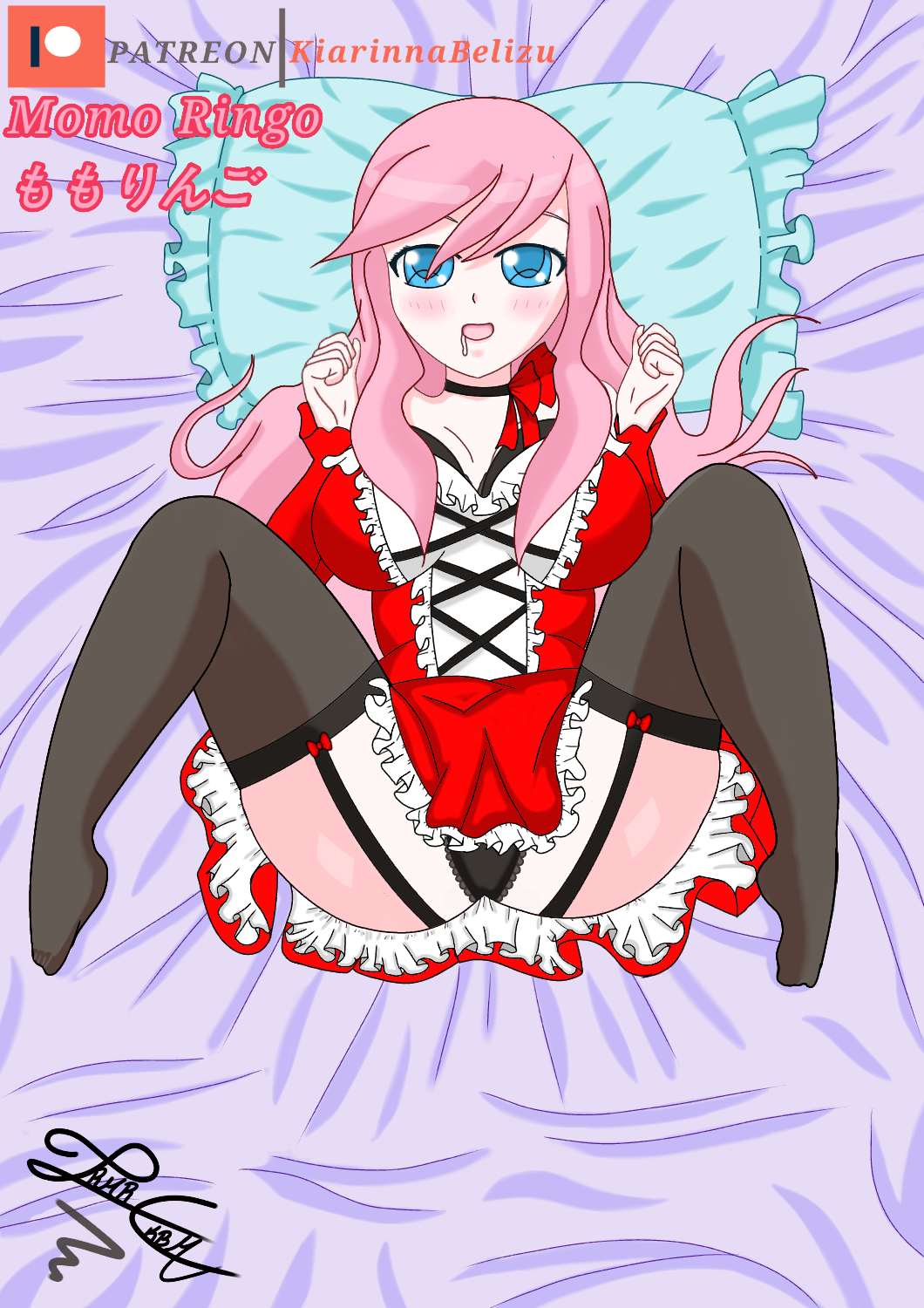bed blue_eyes breasts cross-laced_clothes dress garters highres kiarinnabelizu large_breasts momo_ringo open_mouth original patreon_logo pink_hair plump red_dress red_skirt self_upload skirt smile