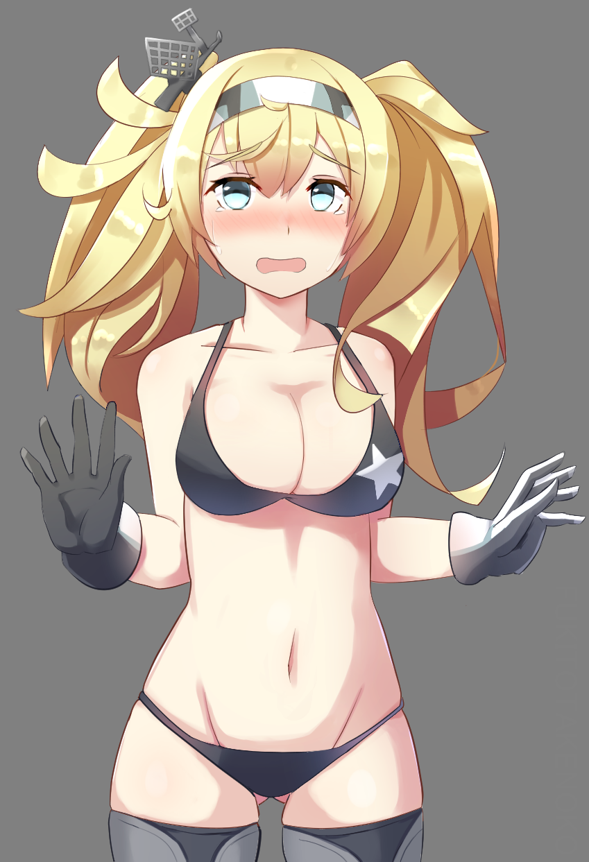ass_visible_through_thighs bangs bikini blonde_hair blue_eyes blush breasts check_commentary cleavage collarbone commentary commentary_request cowboy_shot crying crying_with_eyes_open eyebrows_visible_through_hair fukitotakenoko gambier_bay_(kantai_collection) gloves groin hair_between_eyes headband headgear highres kantai_collection large_breasts long_hair looking_at_viewer multicolored multicolored_clothes multicolored_gloves navel solo standing stomach swimsuit tears thigh_gap thighhighs thighs twintails