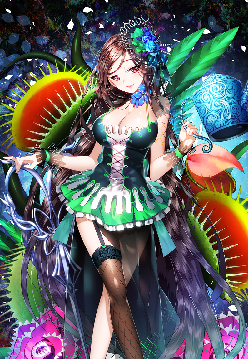 absurdly_long_hair aile_(crossroads) bad_id bad_pixiv_id bangs blue_bow blue_flower bow breasts brown_hair brown_legwear cleavage commentary_request copyright_request dress eyebrows_visible_through_hair feet_out_of_frame fishnet_legwear fishnets flower garter_straps green_dress head_tilt holding holding_watering_can large_breasts long_hair official_art oversized_object plant purple_flower red_eyes scissors short_dress single_thighhigh sleeveless sleeveless_dress solo standing thighhighs venus_flytrap very_long_hair watering_can