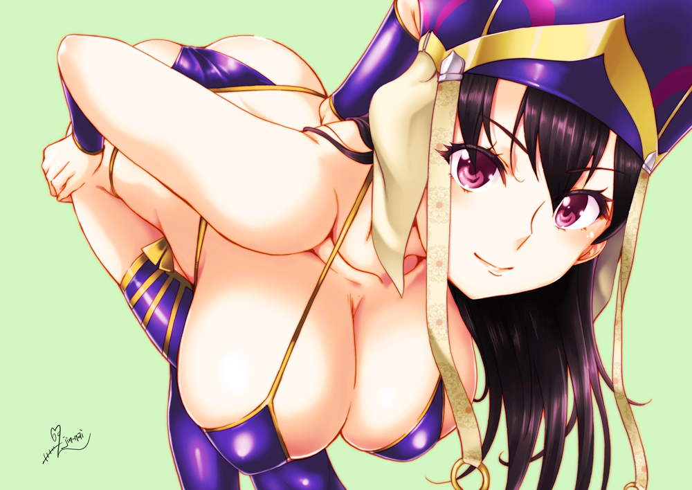 ass bikini blush breasts bridal_gauntlets brown_hair cleavage collarbone commentary_request fate/grand_order fate_(series) green_background jin_nai large_breasts long_hair looking_at_viewer pose purple_bikini purple_hair purple_legwear simple_background smile solo swimsuit thighhighs xuanzang_(fate/grand_order)