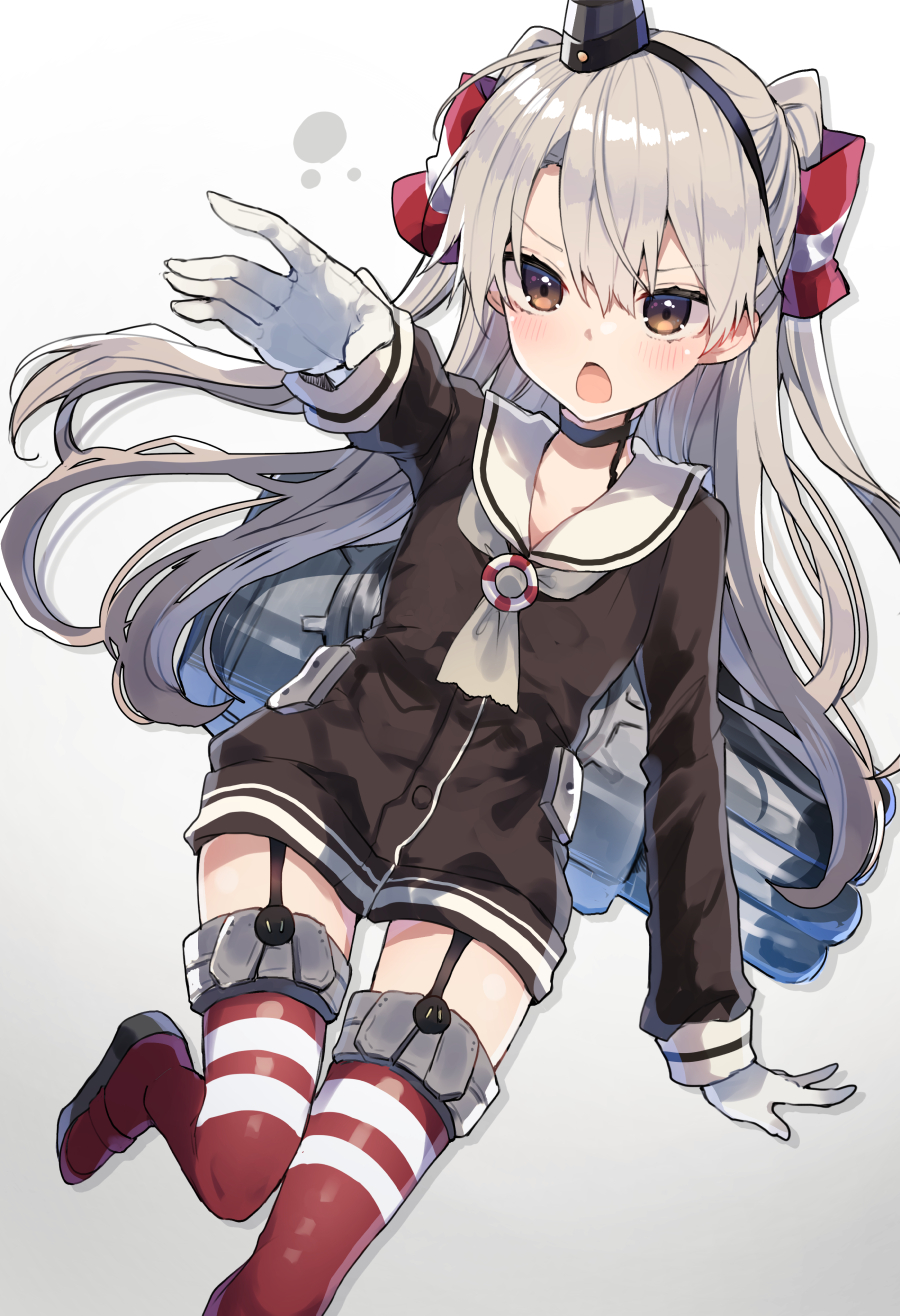 amatsukaze_(kantai_collection) bad_id bad_pixiv_id black_choker black_dress blush brown_eyes choker commentary_request dress dutch_angle eyebrows_visible_through_hair garter_straps gloves gradient gradient_background hair_between_eyes hair_tubes hairband hat highres ikeuchi_tanuma innertube kantai_collection long_hair long_sleeves looking_at_viewer mini_hat open_mouth outstretched_arm sailor_collar sailor_dress short_dress silver_hair solo striped striped_legwear thighhighs torpedo two_side_up white_gloves white_sailor_collar zettai_ryouiki